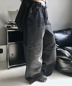 デニム スリットデニムワイドパンツ BLACK