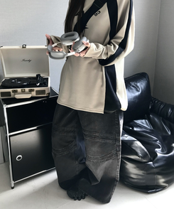 デニム スリットデニムワイドパンツ BLACK
