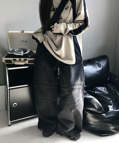 デニム スリットデニムワイドパンツ BLACK