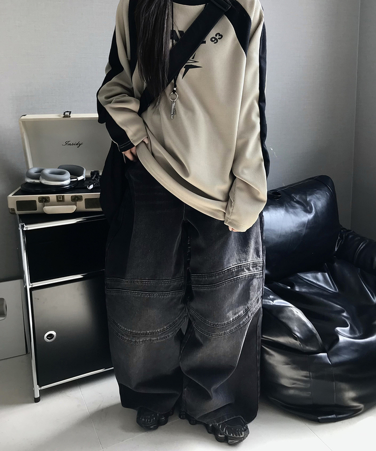 スリットデニムワイドパンツ BLACK