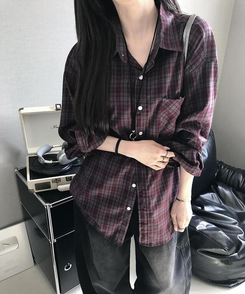 シャツ ポケットボタンチェックシャツ BURGUNDY