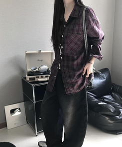 シャツ ポケットボタンチェックシャツ BURGUNDY