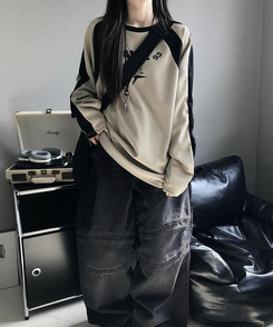 長袖Tシャツ バイカラーワッフルTシャツ BEIGE