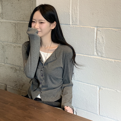 [일체형/레이어드가디건] 허리셔링 배색 라운드 크롭 가디건 긴팔티셔츠 그레이