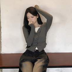 [일체형/레이어드가디건] 허리셔링 배색 라운드 크롭 가디건 긴팔티셔츠 그레이