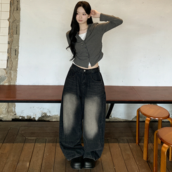 [일체형/레이어드가디건] 허리셔링 배색 라운드 크롭 가디건 긴팔티셔츠 그레이