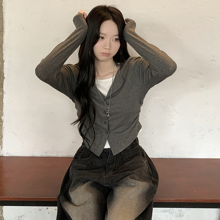 [일체형/레이어드가디건] 허리셔링 배색 라운드 크롭 가디건 긴팔티셔츠 그레이