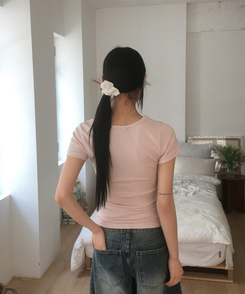 半袖Tシャツ サイドシャーリングUネック半袖Tシャツ(6color) PINK