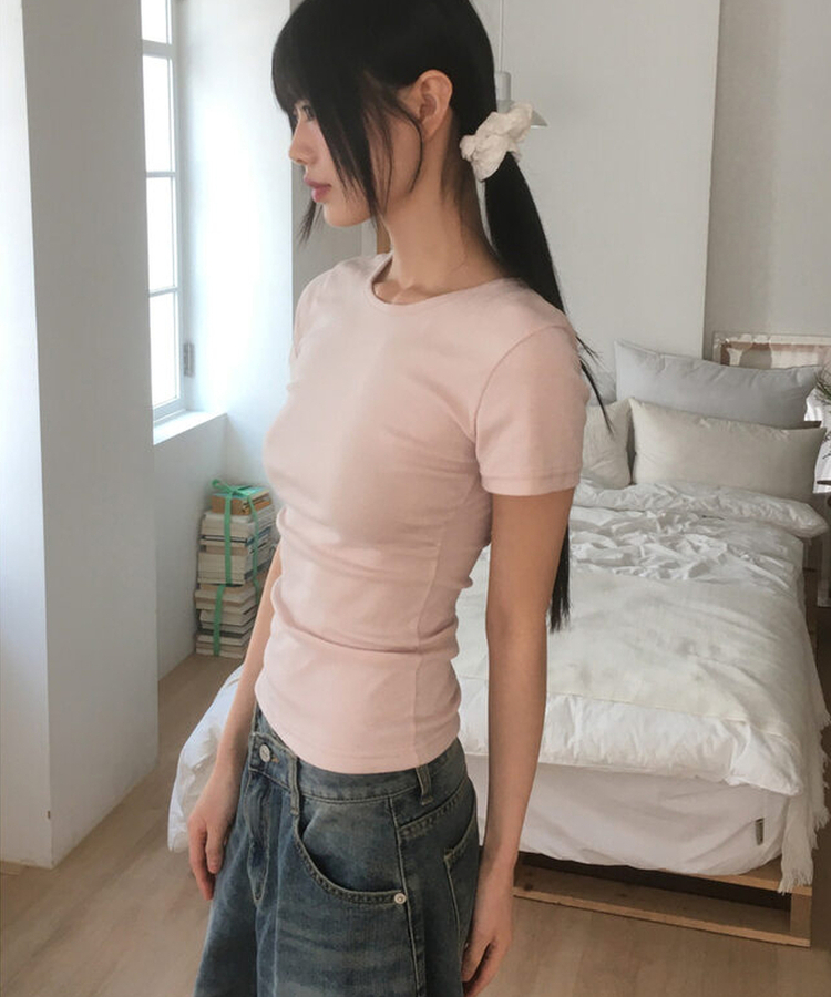 サイドシャーリングUネック半袖Tシャツ(6color) PINK