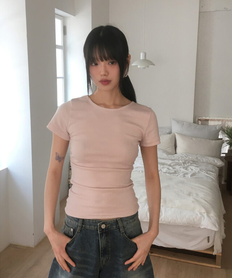 サイドシャーリングUネック半袖Tシャツ(6color) PINK