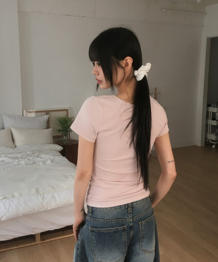 サイドシャーリングUネック半袖Tシャツ(6color) PINK