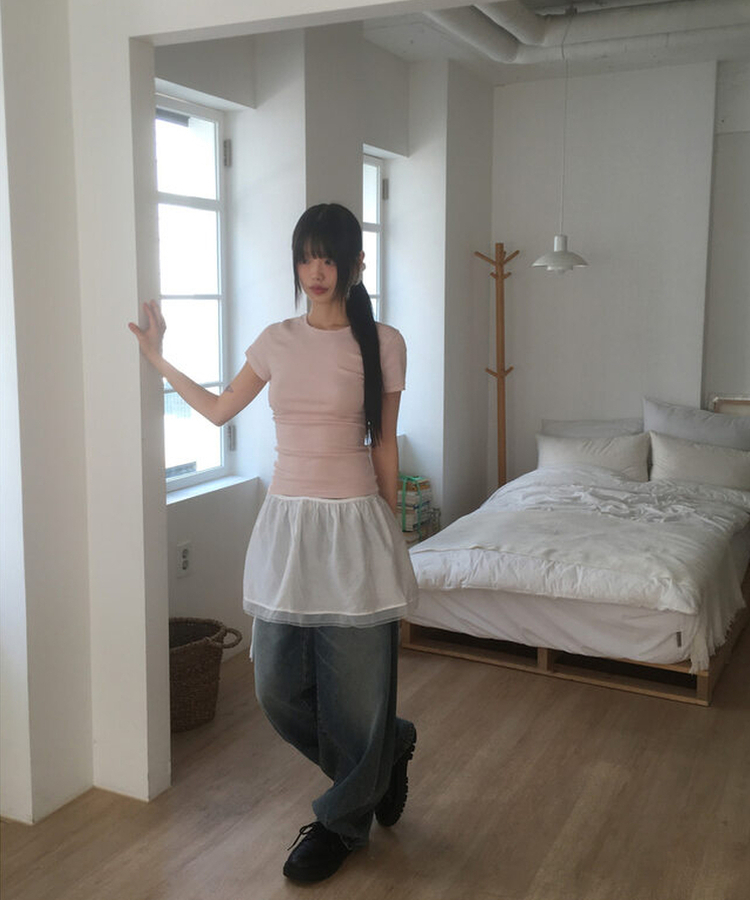 サイドシャーリングUネック半袖Tシャツ(6color) PINK