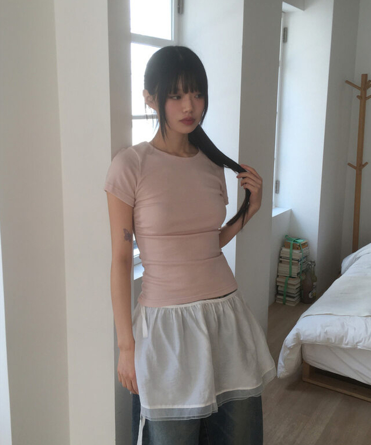 サイドシャーリングUネック半袖Tシャツ(6color) PINK