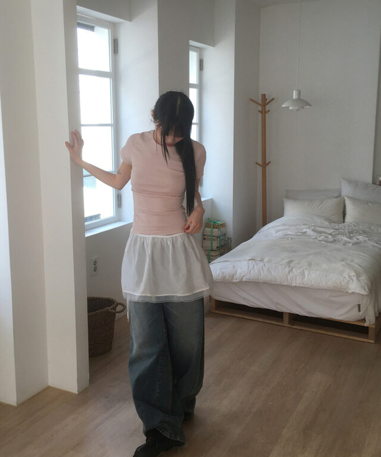 サイドシャーリングUネック半袖Tシャツ(6color) PINK