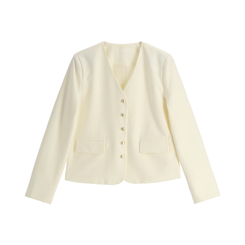 (MADE/ハレの日コーデおすすめ/クラシックフィット) グロウゴールドボタンノーカラーブイネックジャケット