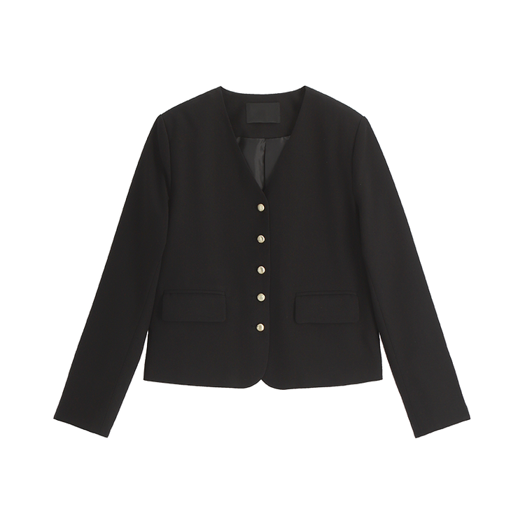 (MADE/ハレの日コーデおすすめ/クラシックフィット) グロウゴールドボタンノーカラーブイネックジャケット