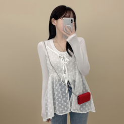 ノースリーブ リボンレースシースルービスチェ WHITE