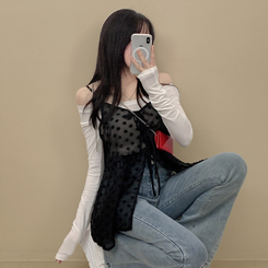 ノースリーブ リボンレースシースルービスチェ BLACK