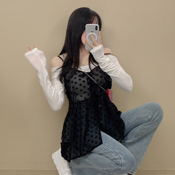 ノースリーブ リボンレースシースルービスチェ BLACK
