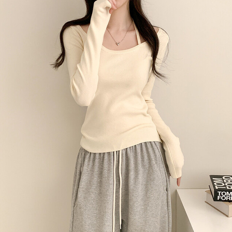 페이사 홀터넥 리본 스트랩 끈 긴팔 골지 니트 아이보리