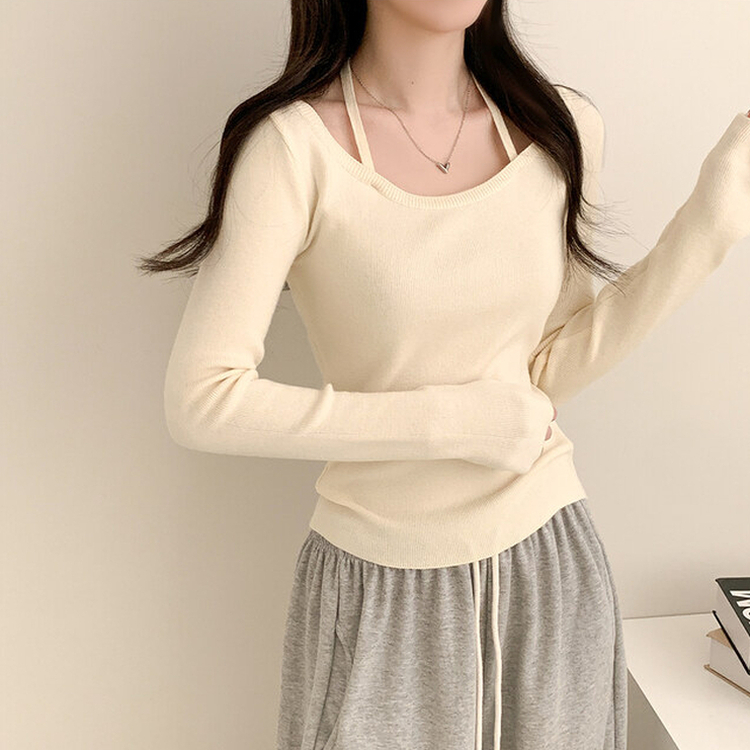 페이사 홀터넥 리본 스트랩 끈 긴팔 골지 니트 아이보리