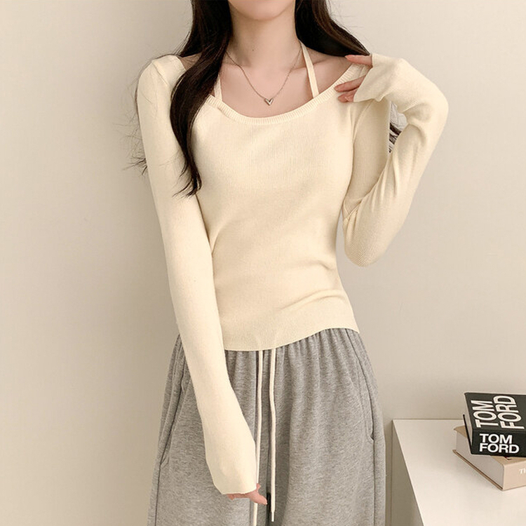 페이사 홀터넥 리본 스트랩 끈 긴팔 골지 니트 아이보리