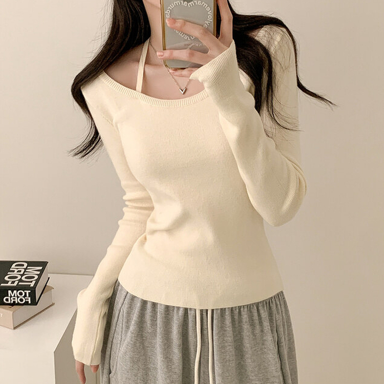 페이사 홀터넥 리본 스트랩 끈 긴팔 골지 니트 아이보리