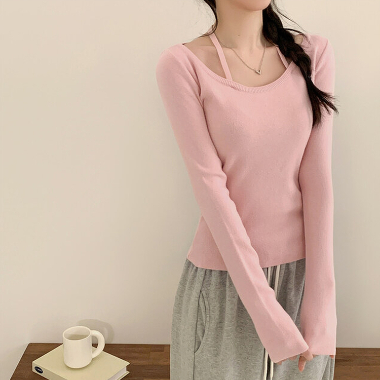 페이사 홀터넥 리본 스트랩 끈 긴팔 골지 니트 핑크