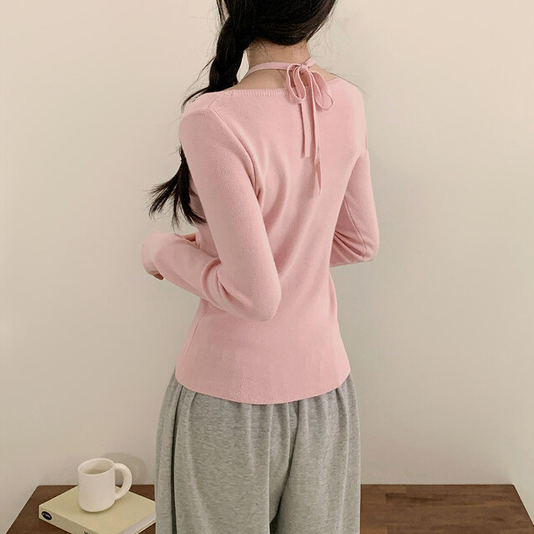 페이사 홀터넥 리본 스트랩 끈 긴팔 골지 니트 핑크