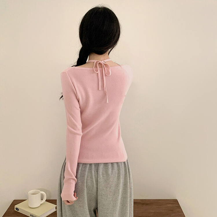 페이사 홀터넥 리본 스트랩 끈 긴팔 골지 니트 핑크