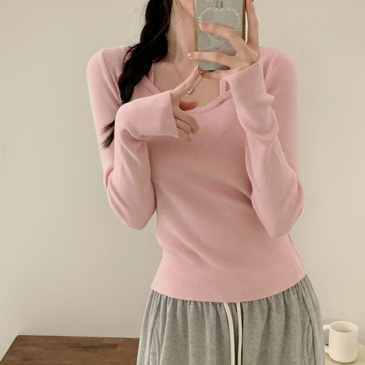 페이사 홀터넥 리본 스트랩 끈 긴팔 골지 니트 핑크