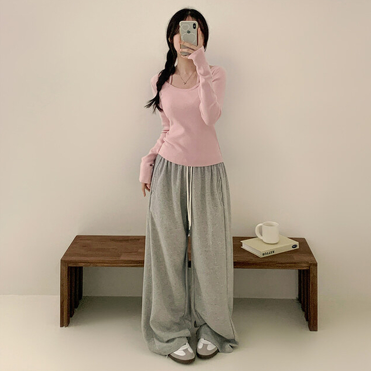 페이사 홀터넥 리본 스트랩 끈 긴팔 골지 니트 핑크