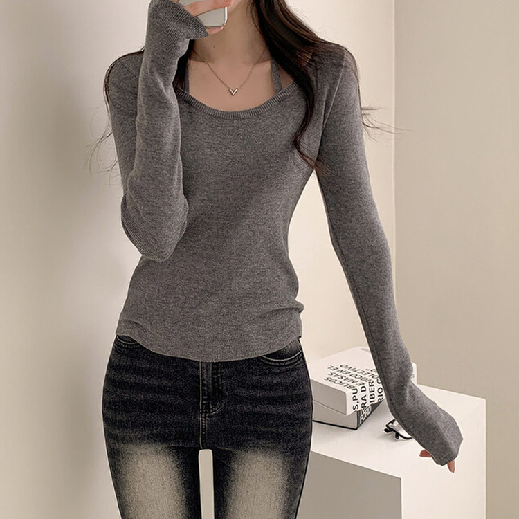 페이사 홀터넥 리본 스트랩 끈 긴팔 골지 니트 진그레이