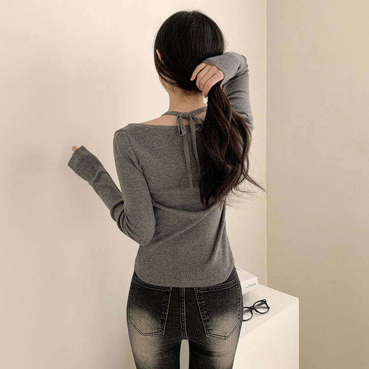 페이사 홀터넥 리본 스트랩 끈 긴팔 골지 니트 진그레이