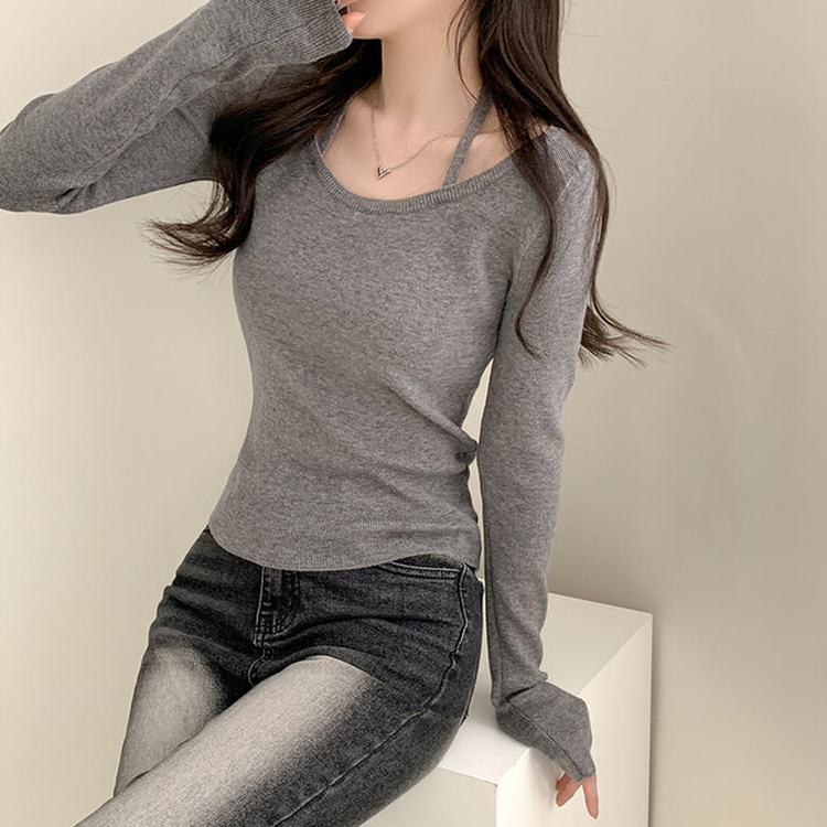 페이사 홀터넥 리본 스트랩 끈 긴팔 골지 니트 진그레이