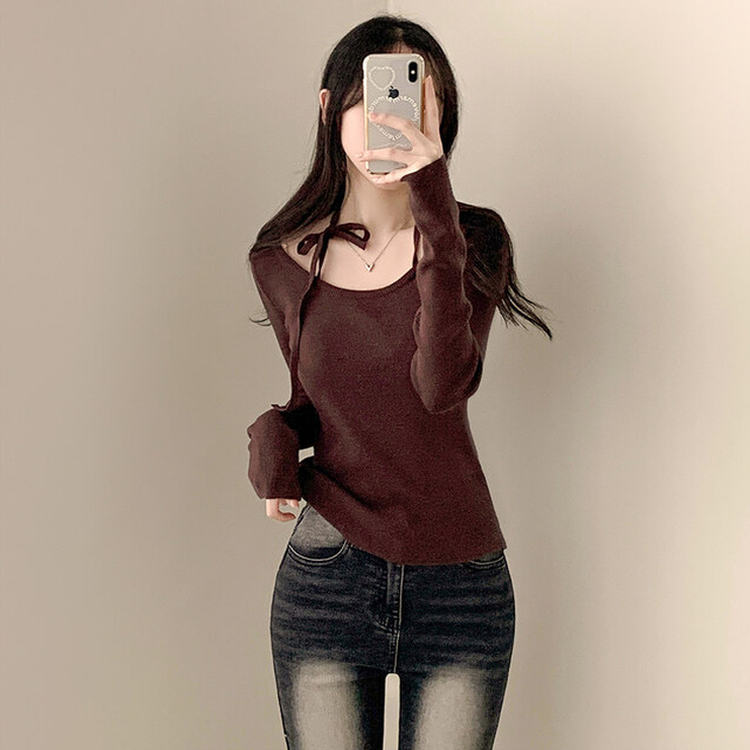 페이사 홀터넥 리본 스트랩 끈 긴팔 골지 니트 브라운