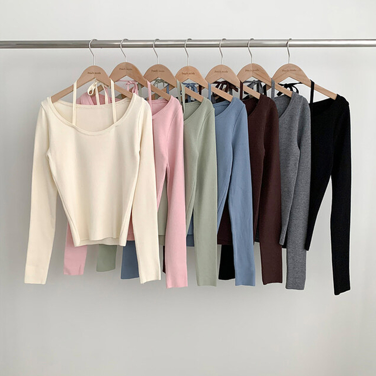 페이사 홀터넥 리본 스트랩 끈 긴팔 골지 니트