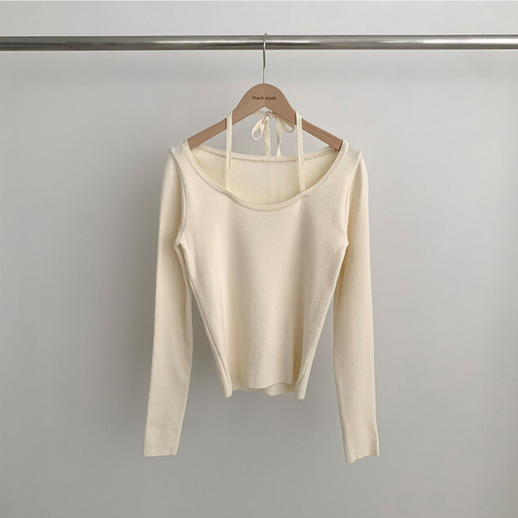 페이사 홀터넥 리본 스트랩 끈 긴팔 골지 니트