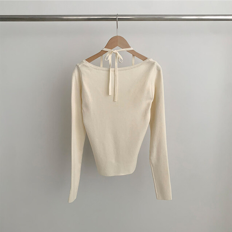 페이사 홀터넥 리본 스트랩 끈 긴팔 골지 니트