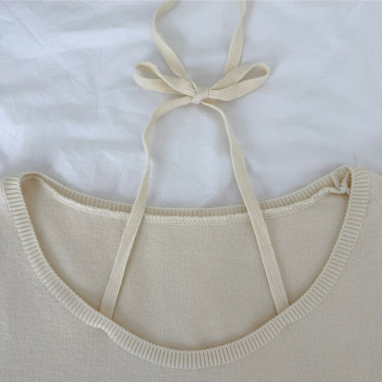 페이사 홀터넥 리본 스트랩 끈 긴팔 골지 니트