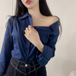 ワンオフショルダーブラウスシャツ NAVY