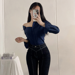 ワンオフショルダーブラウスシャツ NAVY
