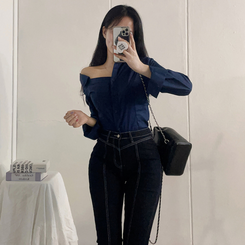 ワンオフショルダーブラウスシャツ NAVY