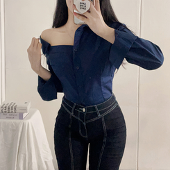 ワンオフショルダーブラウスシャツ NAVY