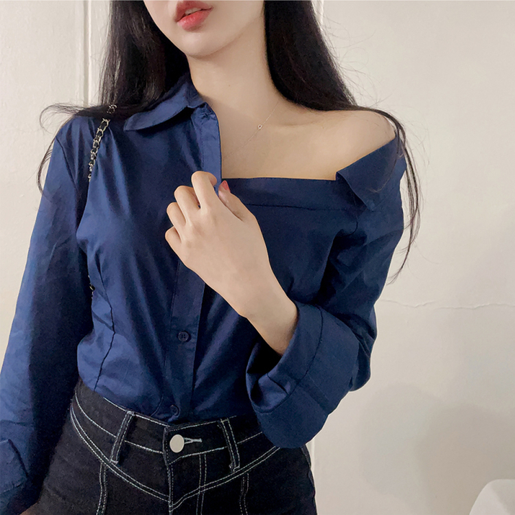 ワンオフショルダーブラウスシャツ NAVY