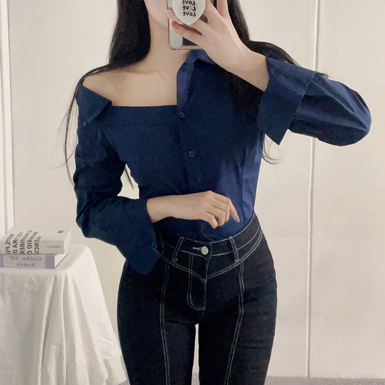 ワンオフショルダーブラウスシャツ NAVY
