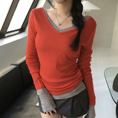 長袖Tシャツ シースルーレイヤードTシャツ(10color) RED
