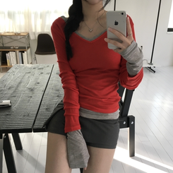 長袖Tシャツ シースルーレイヤードTシャツ(10color) RED