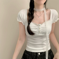 半袖Tシャツ 【タイ付き】レースボタン半袖Tシャツ IVORY