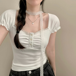 半袖Tシャツ 【タイ付き】レースボタン半袖Tシャツ IVORY